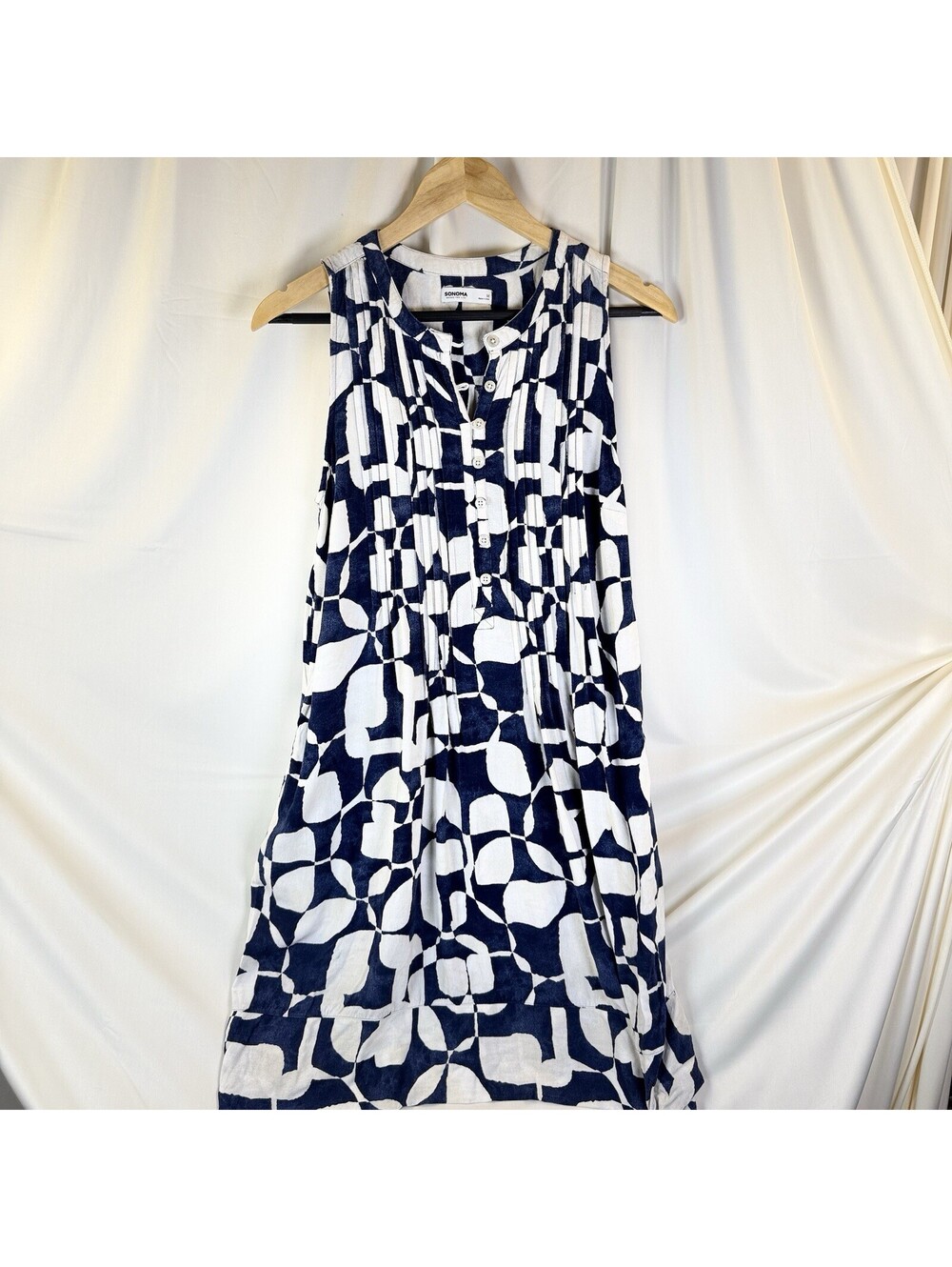 Sonoma Goods For Life Shift Dress Womens Blue White Linen Blend Sleeveless Med